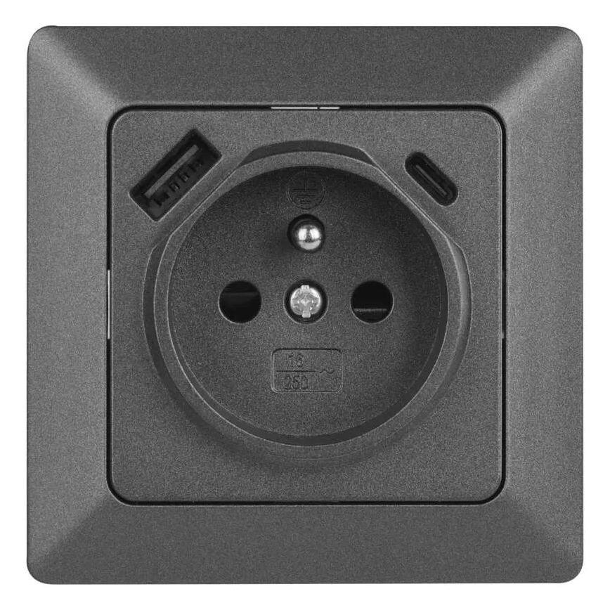 Οικιακή επιτοίχια πρίζα με θύρες USB‑A και USB‑C, γαλλικού τύπου, 250 V/16 A, ανθρακί