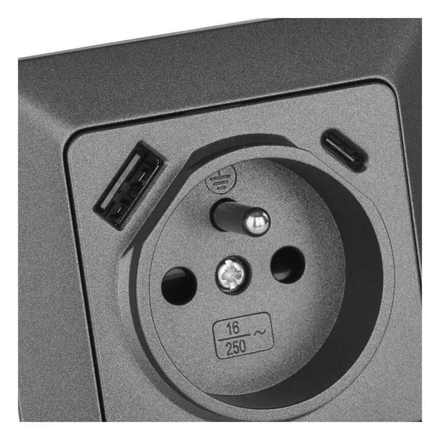 Οικιακή επιτοίχια πρίζα με θύρες USB‑A και USB‑C, γαλλικού τύπου, 250 V/16 A, ανθρακί