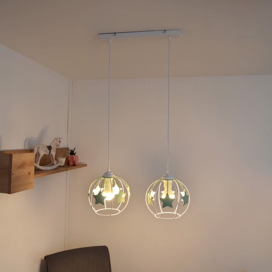 Παιδικό κρεμαστό φωτιστικό οροφής STARS 2xE27/15W/230V πράσινο/λευκό