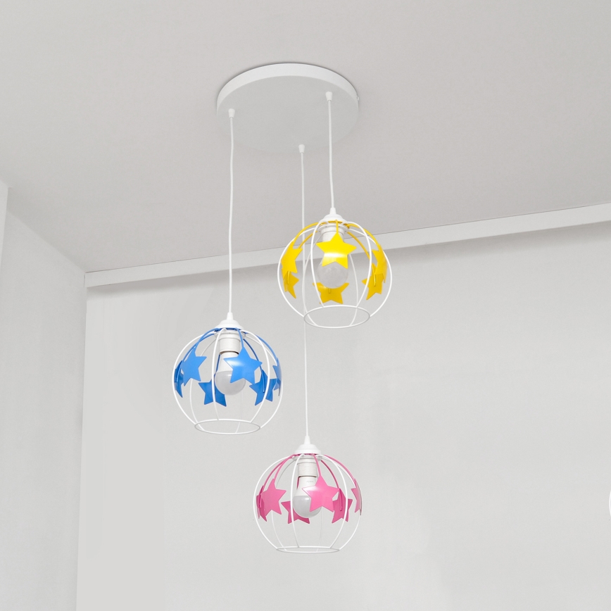 Παιδικό κρεμαστό φωτιστικό οροφής STARS 3xE27/15W/230V μπλε/ροζ/κίτρινο