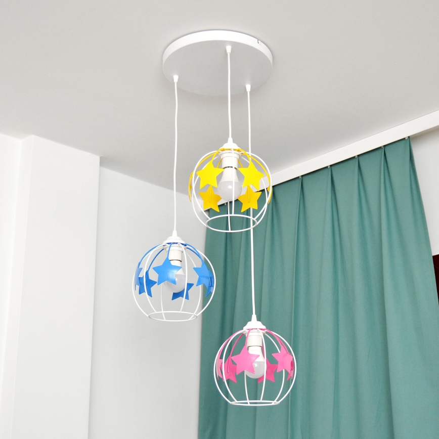 Παιδικό κρεμαστό φωτιστικό οροφής STARS 3xE27/15W/230V μπλε/ροζ/κίτρινο