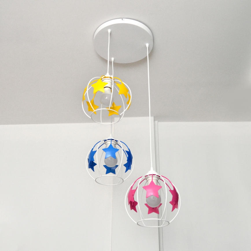Παιδικό κρεμαστό φωτιστικό οροφής STARS 3xE27/15W/230V μπλε/ροζ/κίτρινο