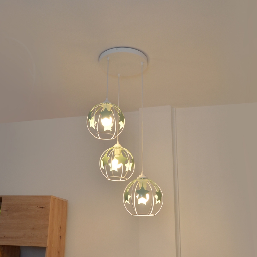 Παιδικό κρεμαστό φωτιστικό οροφής STARS 3xE27/15W/230V πράσινο/λευκό