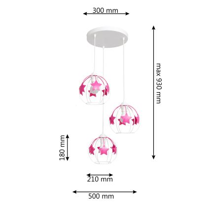 Παιδικό κρεμαστό φωτιστικό οροφής STARS 3xE27/15W/230V ροζ/λευκό