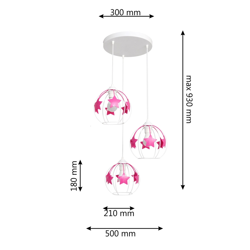 Παιδικό κρεμαστό φωτιστικό οροφής STARS 3xE27/15W/230V ροζ/λευκό