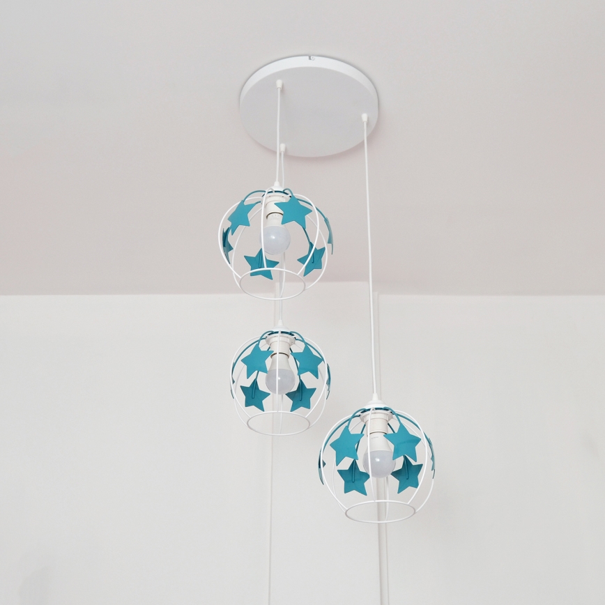 Παιδικό κρεμαστό φωτιστικό οροφής STARS 3xE27/15W/230V τουρκουάζ/λευκό