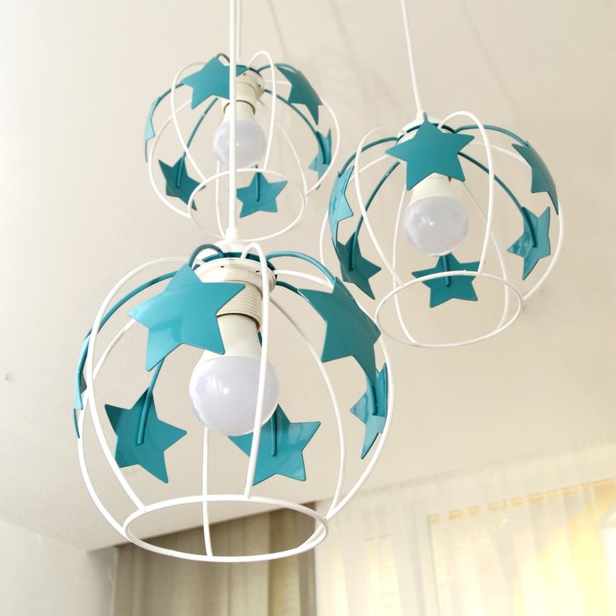 Παιδικό κρεμαστό φωτιστικό οροφής STARS 3xE27/15W/230V τουρκουάζ/λευκό