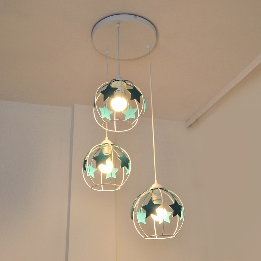 Παιδικό κρεμαστό φωτιστικό οροφής STARS 3xE27/15W/230V τουρκουάζ/λευκό