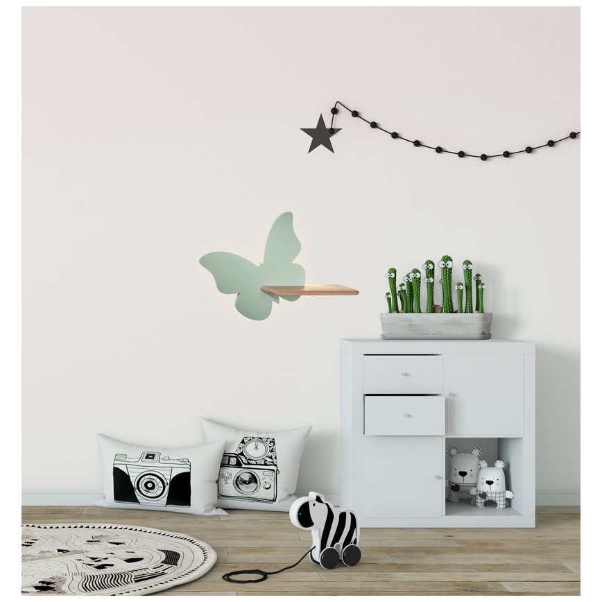 Παιδικό φωτιστικό τοίχου LED με ράφι BUTTERFLY LED/5W/230V πράσινο/ξύλο,