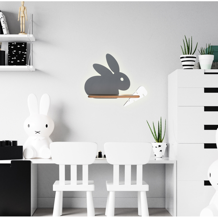Παιδικό φωτιστικό τοίχου LED με ράφι RABBIT LED/4W/230V γκρι/λευκό/ξύλο