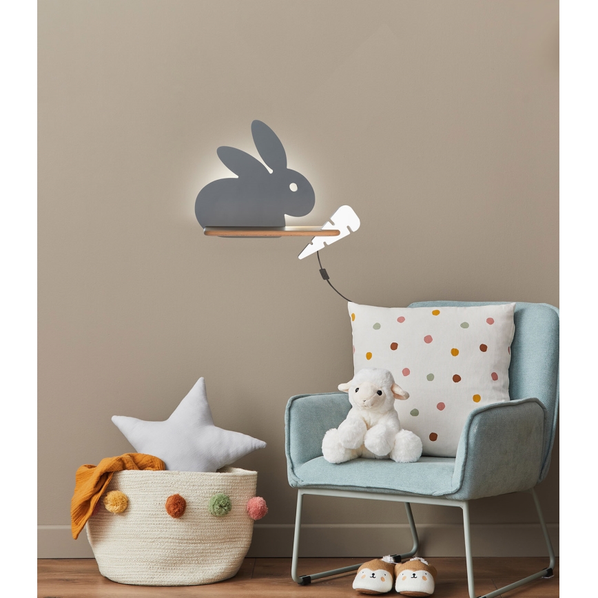 Παιδικό φωτιστικό τοίχου LED με ράφι RABBIT LED/4W/230V γκρι/λευκό/ξύλο
