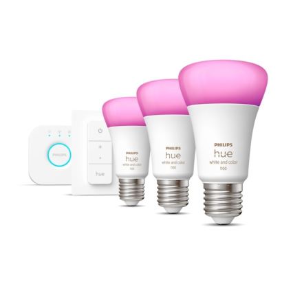 Πακέτο εκκίνησης Philips Hue WHITE AND COLOR AMBIANCE 3xE27/9W 2000-6500K + συσκευή διασύνδεσης