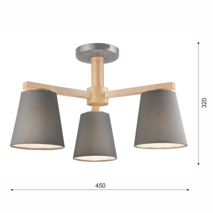 Πλαφονιέρα οροφής ELLIE 3xE27/60W/230V γκρι/οξιά