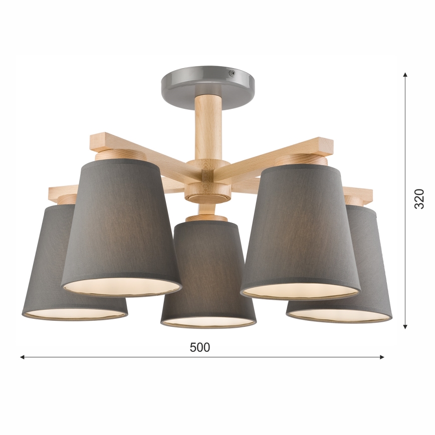 Πλαφονιέρα οροφής ELLIE 5xE27/60W/230V γκρι/οξιά - FSC πιστοποιημένο