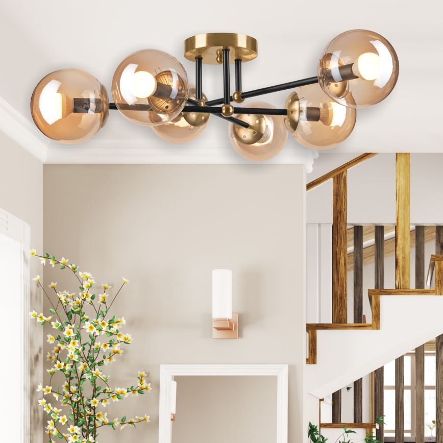Πλαφονιέρα οροφής MALENA 6xE14/5W/230V χρυσό/μαύρο/φιμέ μπεζ