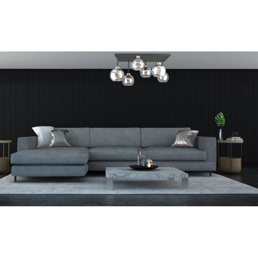 Πλαφονιέρα οροφής NESSA 6xE27/60W/230V μαύρο/χρυσό/διαφανή