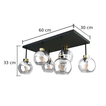 Πλαφονιέρα οροφής NESSA 6xE27/60W/230V μαύρο/χρυσό/διαφανή