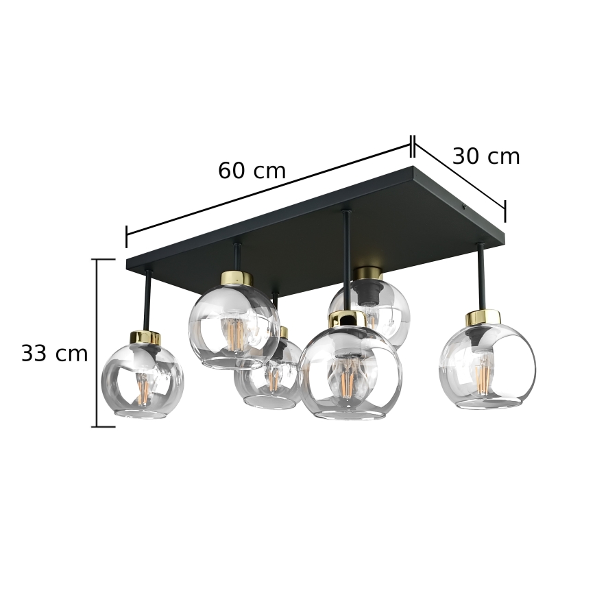 Πλαφονιέρα οροφής NESSA 6xE27/60W/230V μαύρο/χρυσό/διαφανή