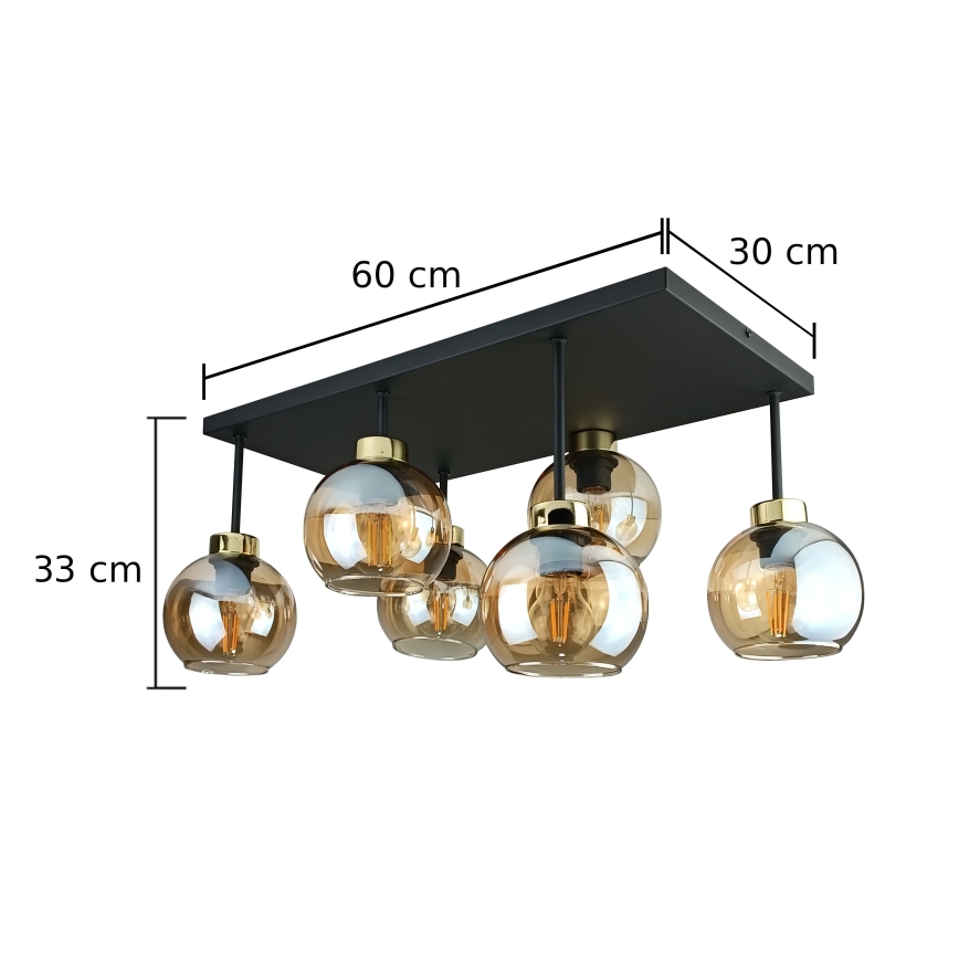 Πλαφονιέρα οροφής NESSA 6xE27/60W/230V μαύρο/χρυσό/φιμέ μπεζ