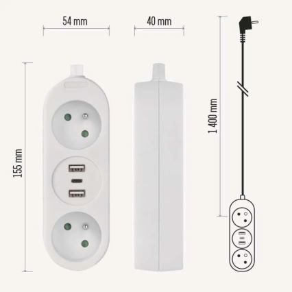 Πολύπριζο 2Z + 2x USB-A + USB-C 1,4 m