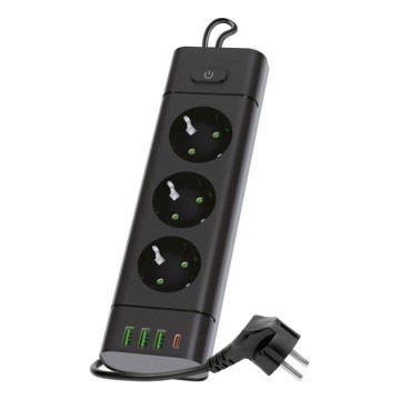 Πολύπριζο LINEA PRO με διακόπτη 3x230V + 3xUSB-A + 1xUSB-C SCHUKO 3 m μαύρο