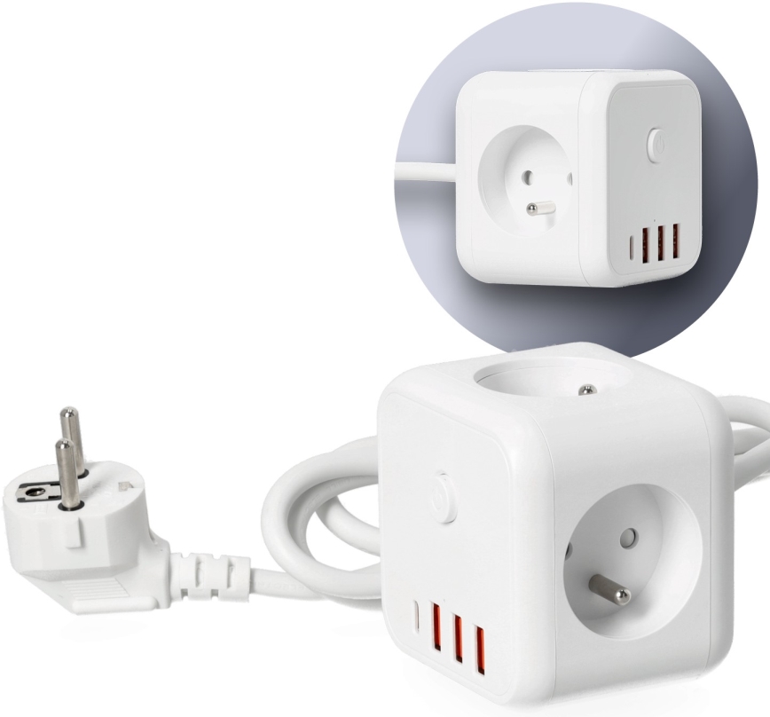 Πολύπριζο κύβος με διακόπτη LINEA 3x230V + 4xUSB A/C λευκό