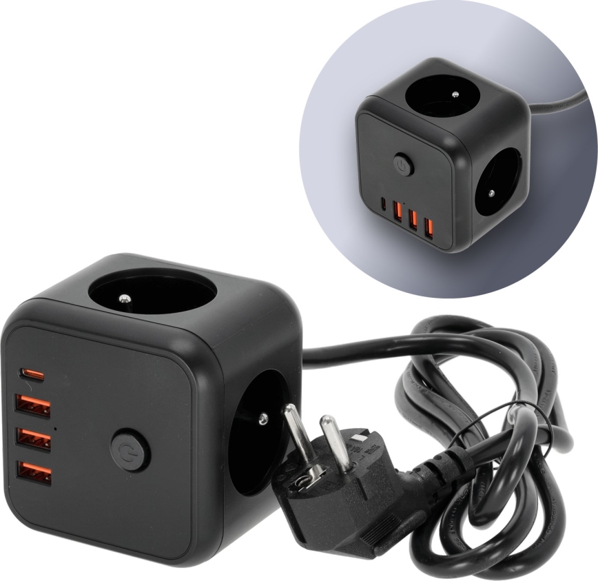 Πολύπριζο κύβος με διακόπτη LINEA 3x230V + 4xUSB A/C μαύρο