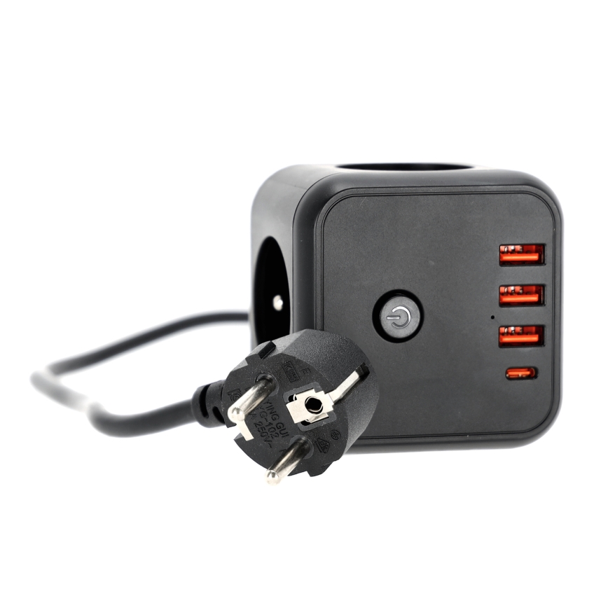 Πολύπριζο κύβος με διακόπτη LINEA 3x230V + 4xUSB A/C μαύρο