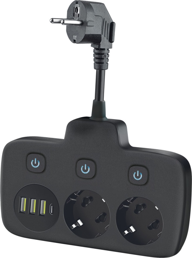 Πολύπριζο με διακόπτη LINEA 2x230V + 4xUSB A/C SCHUKO μαύρο