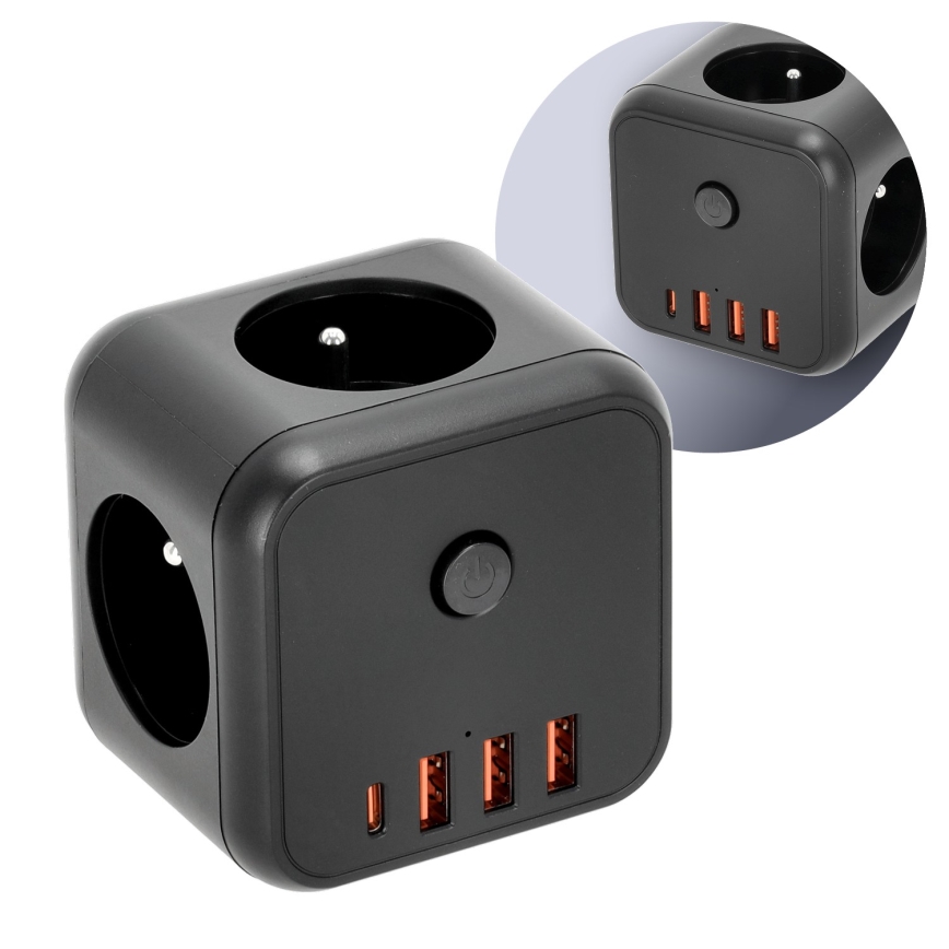 Πολύπριζο με διακόπτη LINEA 3x230V + 4xUSB A/C μαύρο
