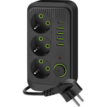Πολύπριζο με διακόπτη LINEA 3x230V + 5xUSB A/C SCHUKO 3 μ. μαύρο