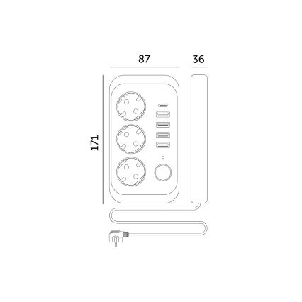 Πολύπριζο με διακόπτη LINEA 3x230V + 5xUSB A/C SCHUKO 5 m μαύρο