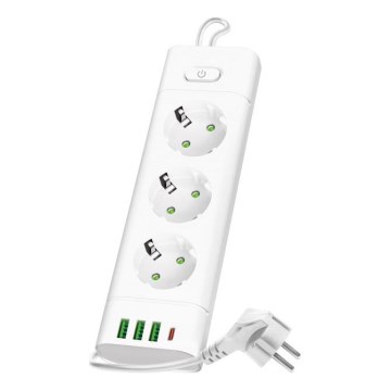 Πολύπριζο με διακόπτη LINEA PRO 3x230V + 3xUSB-A + 1xUSB-C SCHUKO 3 m λευκό
