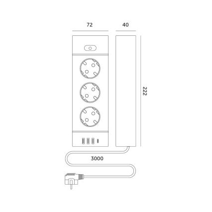 Πολύπριζο LINEA PRO με διακόπτη 3x230V + 3xUSB-A + 1xUSB-C SCHUKO 3 m μαύρο