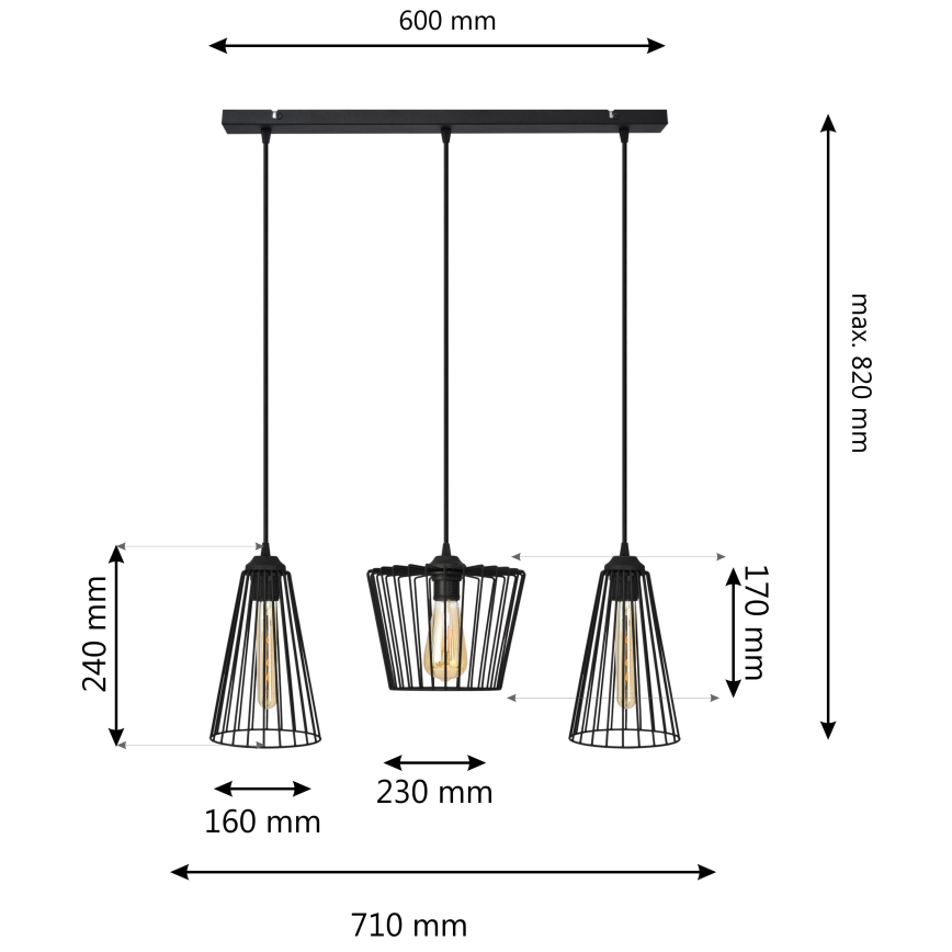 Πολύφωτο με συρματόσχοινο TORRI 3xE27/15W/230V μαύρο