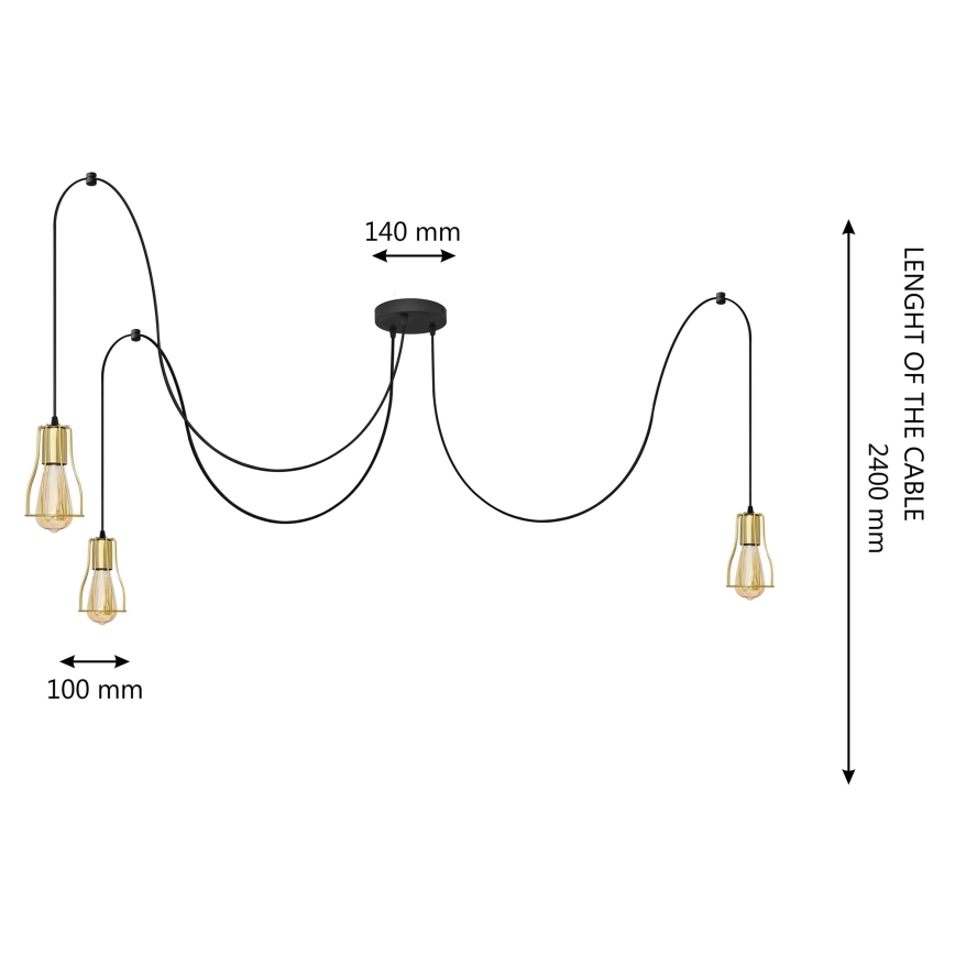 Πολύφωτο με συρματόσχοινο TUBE LONG 3xE27/10W/230V μαύρο/χρυσαφί
