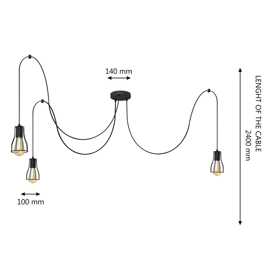 Πολύφωτο με συρματόσχοινο TUBE LONG 3xE27/15W/230V μαύρο
