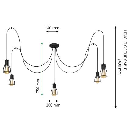 Πολύφωτο με συρματόσχοινο TUBE LONG 5xE27/10W/230V μαύρο