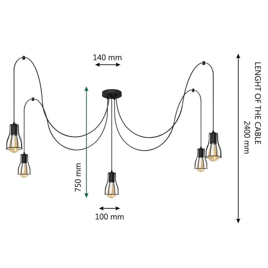 Πολύφωτο με συρματόσχοινο TUBE LONG 5xE27/10W/230V μαύρο