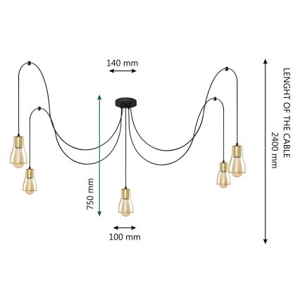 Πολύφωτο με συρματόσχοινο TUBE LONG 5xE27/15W/230V μαύρο/χρυσαφί