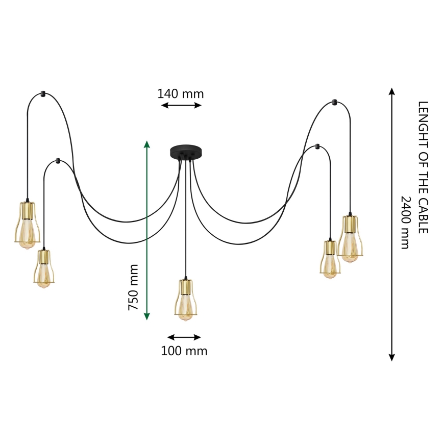 Πολύφωτο με συρματόσχοινο TUBE LONG 5xE27/15W/230V μαύρο/χρυσαφί