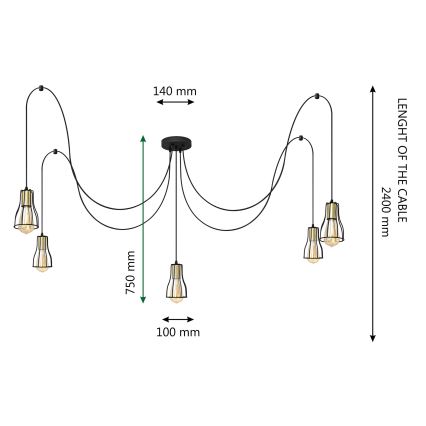 Πολύφωτο με συρματόσχοινο TUBE LONG 5xE27/15W/230V μαύρο/χρυσαφί
