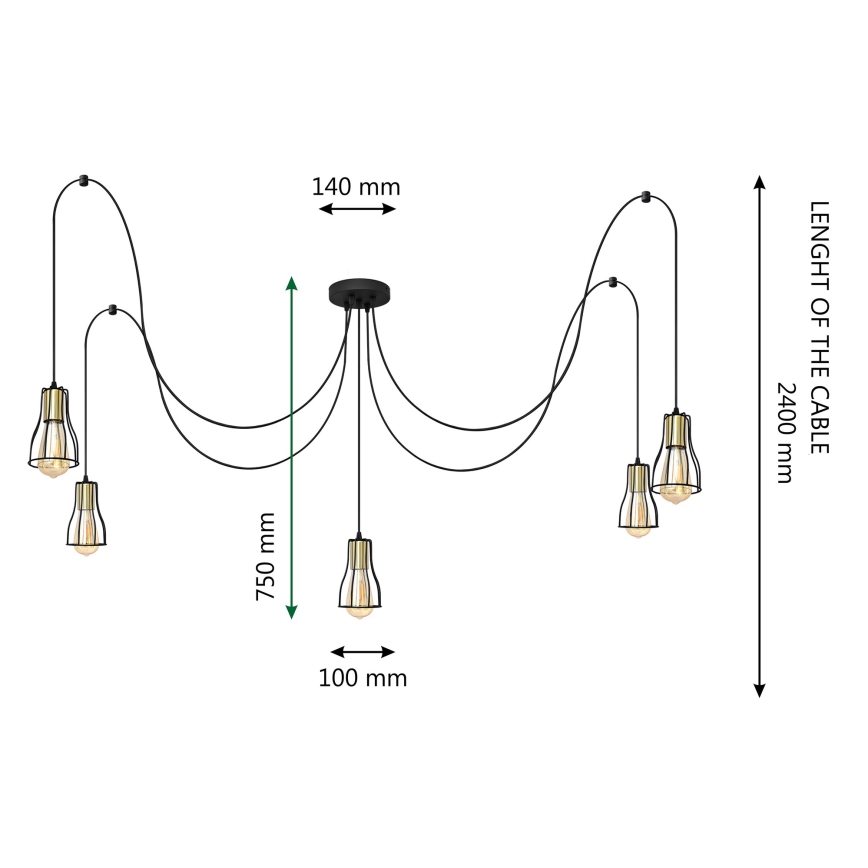 Πολύφωτο με συρματόσχοινο TUBE LONG 5xE27/15W/230V μαύρο/χρυσαφί
