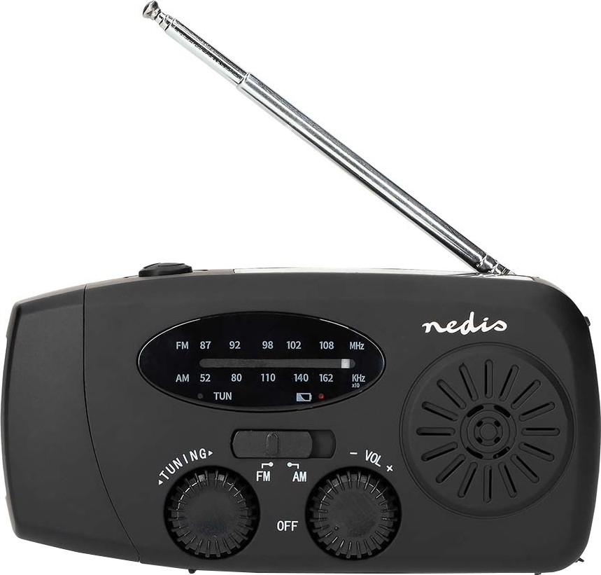 Ραδιόφωνο AM/FM με μανιβέλα για χειροκίνητη φόρτιση, ηλιακό πάνελ και ενσωματωμένο LED φακό — μπαταρία 2000 mAh