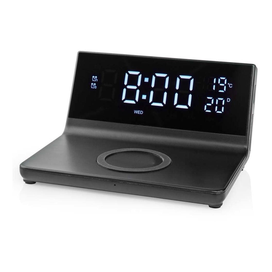 Ρολόι ξυπνητήρι με οθόνη LCD και ασύρματος φορτιστής 15W/230V + 1xCR2032 μαύρο