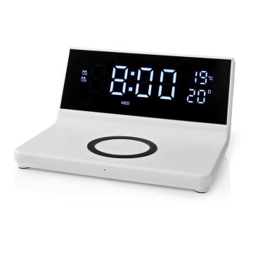 Ρολόι ξυπνητήρι με οθόνη LCD και ασύρματος φορτιστής 15W/5V + 1xCR2032 λευκό