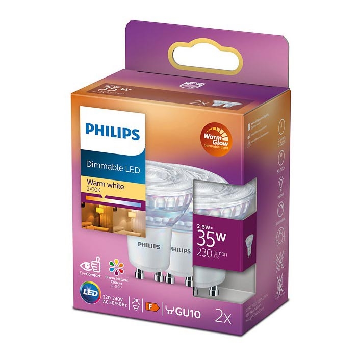 ΣΕΤ 2x LED Dimmable λαμπτήρες Philips Warm Glow GU10/2,6W/230V 2200-2700K CRI 90