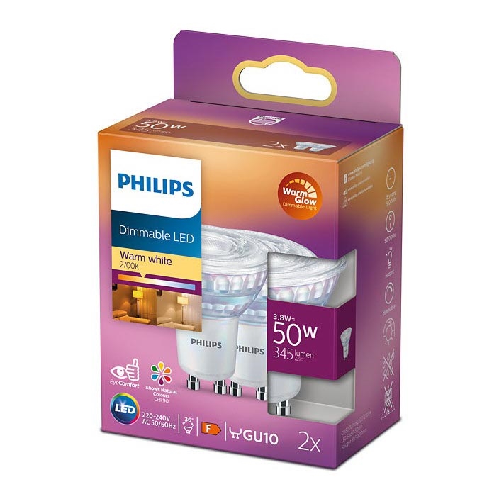 ΣΕΤ 2x LED Dimmable λαμπτήρες Philips Warm Glow GU10/3,8W/230V 2200-2700K CRI 90