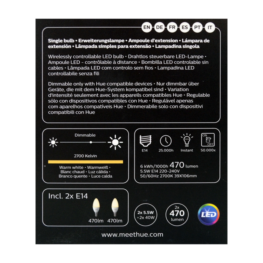 ΣΕΤ 2x Λάμπα Dimmer LED Philips Hue WHITE E14/5,5W/230V 2700K