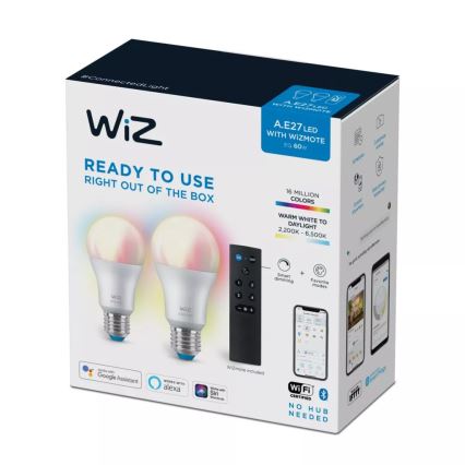 ΣΕΤ 2x Λάμπα LED RGBW Dimmable A60 E27/8,5W/230V 2200-6500K Wi-Fi + τηλεχειριστήριο - WiZ